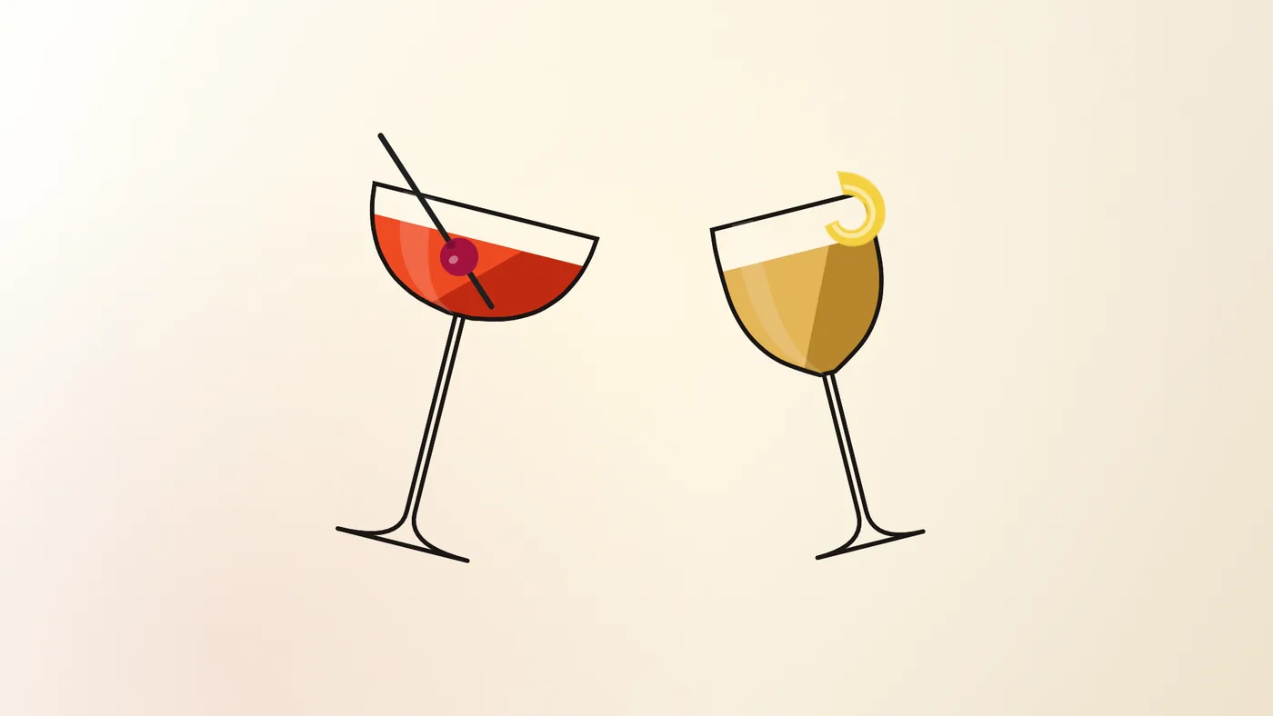 Two drawn cocktail glasses tilted towards each other in a toast